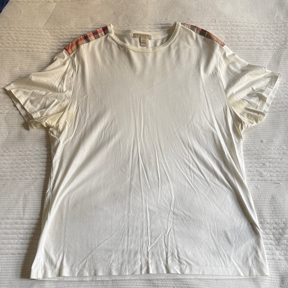Burberry White Tee with Plaid Shoulder Detail
